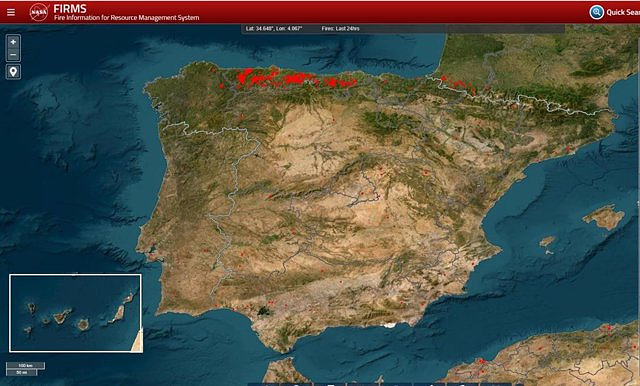 Map of active fires in Asturias and the rest of Spain
