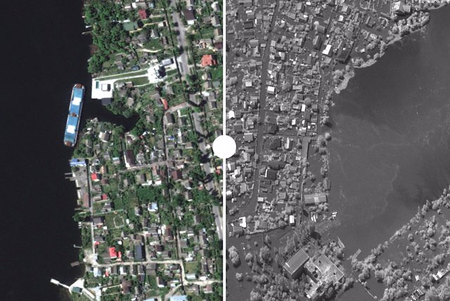 Satellite images show the destruction of the dam on the Dnieper River (Ukraine), before and after