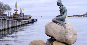 Vandalize the sculpture of The Little Mermaid in Copenhagen with the colors of the Russian flag
