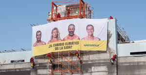 Greenpeace hangs a canvas at the Puerta de Alcalá with the faces of the candidates: "Does climate change sweat you?"