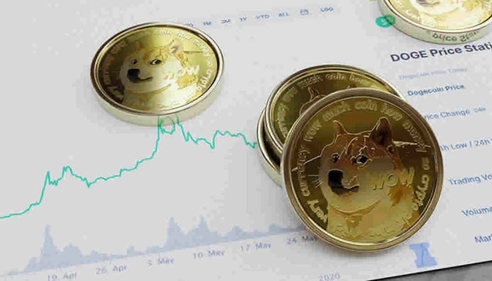 An image showing dogecoins on top of a piece of paper showing a graph. 